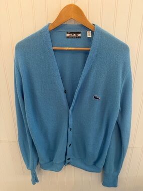 Vintage Izod Lacoste Blue Cardigan Sweater Size M Acrylic USA Made Croc Logo
